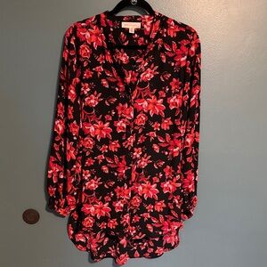 Philosophy Black Blouse with Vibrant Pink/Red Floral Print